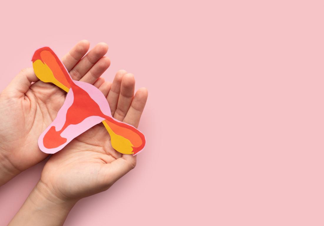 Pink background hands holding cutout of uterus illustration
