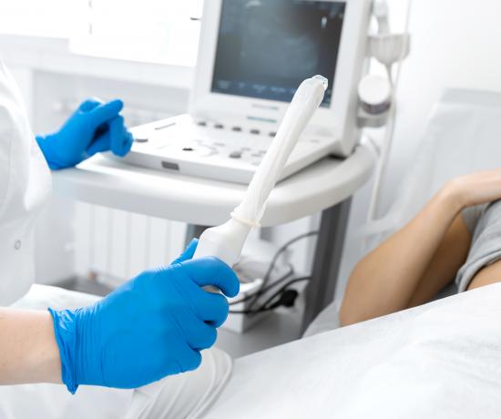 Gloved sonographer hand holding an ultrasound transducer