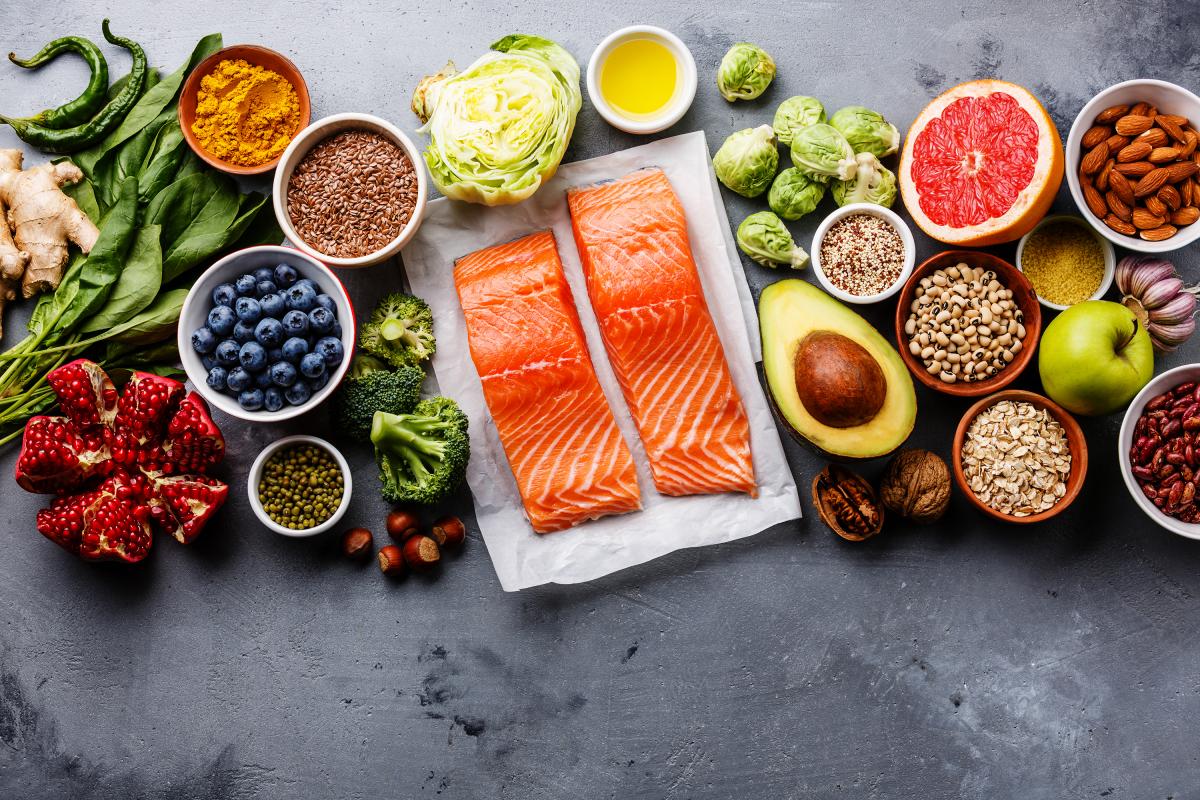 A selection of healthy foods on a bench