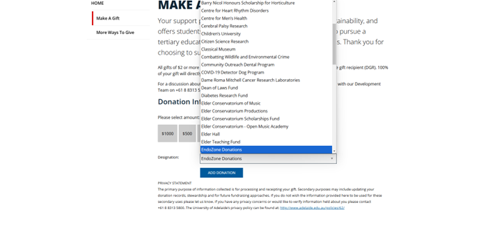 Uni of Adelaide Give Page EndoZone Donations Selected