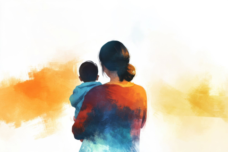 Watercolour image, back of woman holding her child