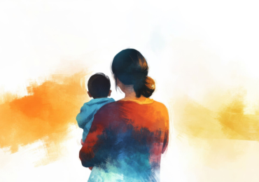 Watercolour image, back of woman holding her child
