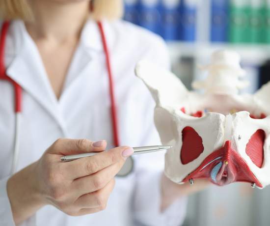 Doctor pointing to model of pelvic floor