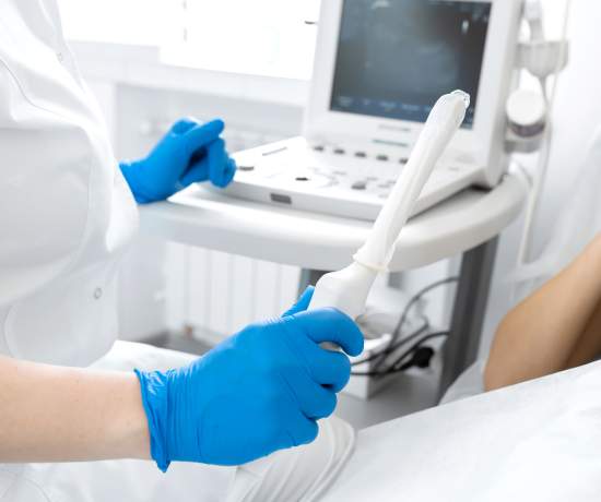 Gloved sonographer hand holding an ultrasound transducer