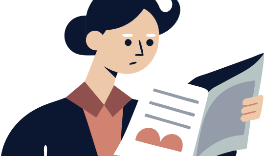 Illustrated woman reading a pamphlet